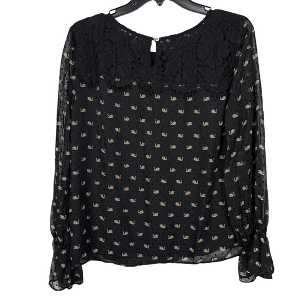 RSVP by Talbots Fancy Swans Print Top Medium Black Tan Dotted Lace Semi Sheer - Picture 3 of 11